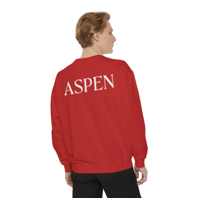 Red crewneck sweatshirt with "Aspen" across the back shoulders and the coordinates of Aspen, Colorado over the heart.